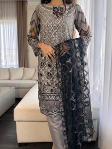 3pc GREY Embroidered Shalwar Kameez wit Net dupatta Stitched Suit Ready to wear HW-DT82