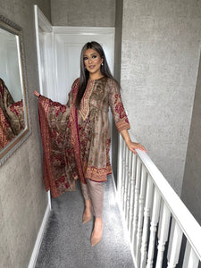 3 pcs Stitched Brown LAWN shalwar Suit Ready to wear lawn summer Wear with lawn dupatta LAWN-R2