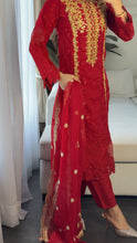 Load image into Gallery viewer, 3pc RED Embroidered Shalwar Kameez with CHIFFON dupatta Stitched Suit Ready to wear HW-ANRED
