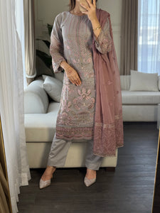 3pc GREY MAUVE Embroidered Shalwar Kameez with CHIFFON dupatta Stitched Suit Ready to wear HW-U2284