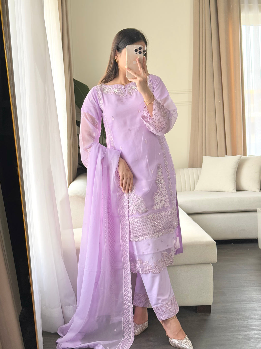 3pc Soft Lavender Embroidered Shalwar Kameez with CHIFFON dupatta Stitched Suit Ready to wear HW-U2416
