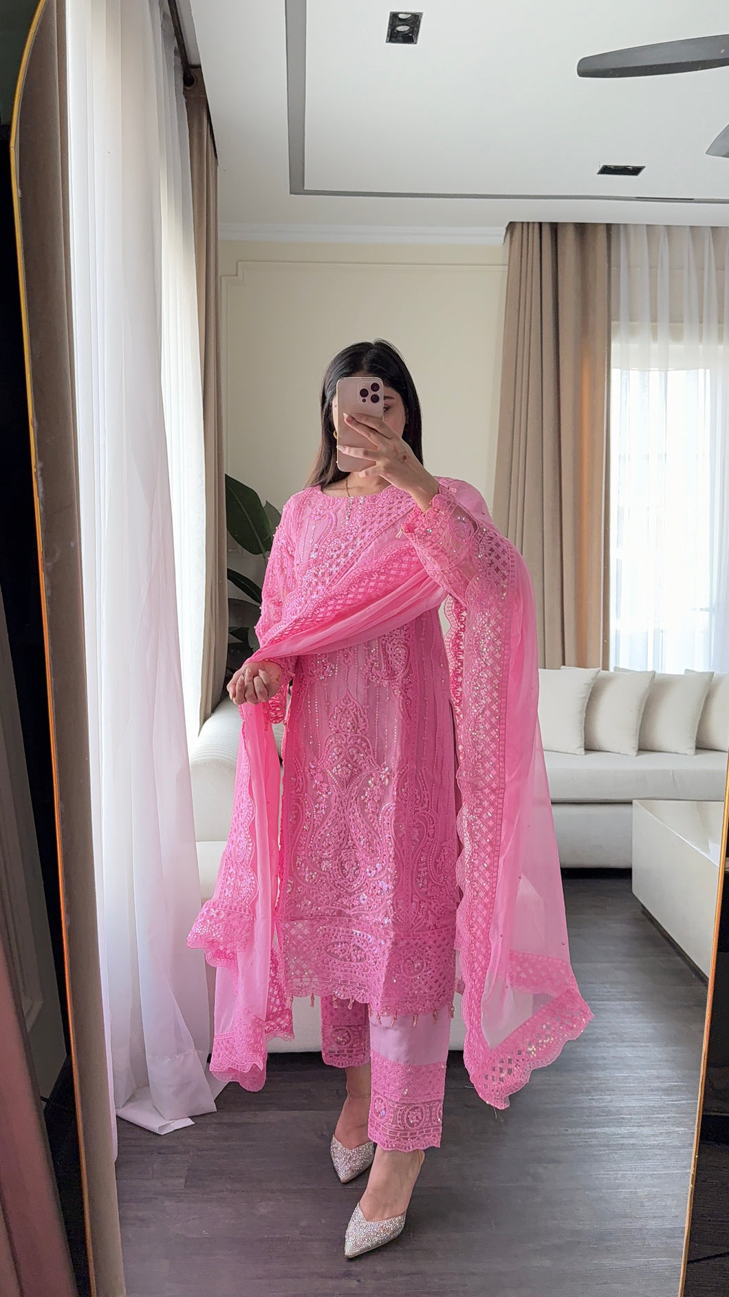 3pc PINK Embroidered Shalwar Kameez with NET dupatta Stitched Suit Ready to wear HW-JFPINK
