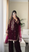 Load image into Gallery viewer, 3pc Burgundy VELVET Embroidered Shalwar Kameez with NET/Velvet dupatta Stitched Suit Ready to wear HW-UBURGUNDY
