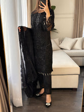 Load image into Gallery viewer, 3pc BLACK Embroidered Shalwar Kameez with NET dupatta Stitched Suit Ready to wear HW-JFBLACK
