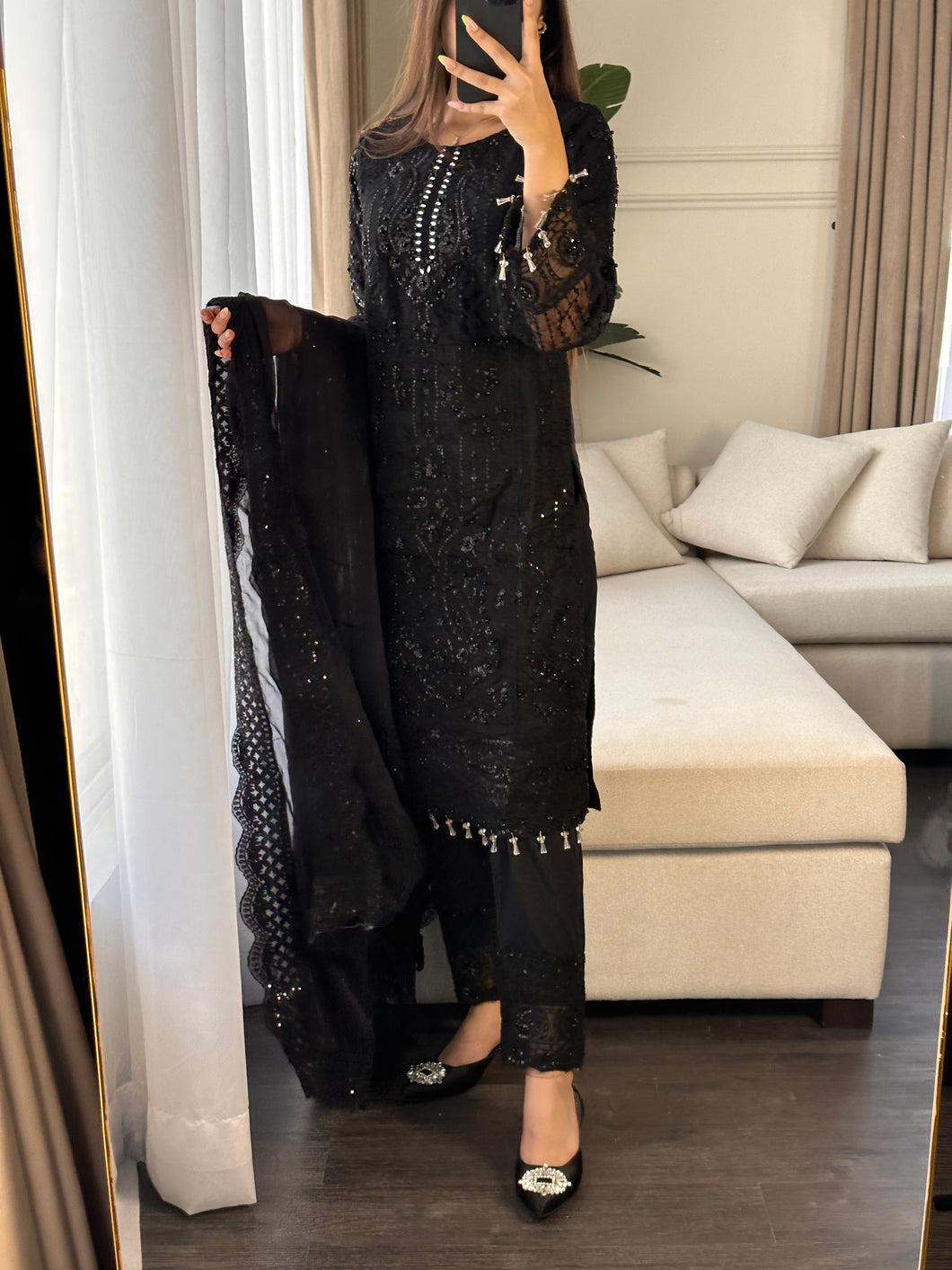 3pc BLACK Embroidered Shalwar Kameez with NET dupatta Stitched Suit Ready to wear HW-JFBLACK