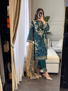 3pc BOTTLE GREEN Embroidered Shalwar Kameez wit CHIFFON  dupatta Stitched Suit Ready to wear HW-U2313
