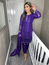 Load image into Gallery viewer, 3pc Embroidered PURPLE with Printed chiffon Dupatta Shalwar Kameez Stitched Suit Ready to wear AN-PURPLE
