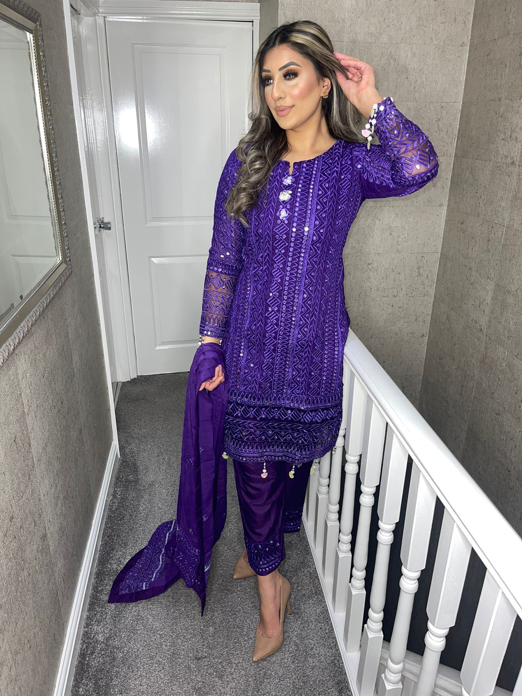 3pc Embroidered PURPLE with Printed chiffon Dupatta Shalwar Kameez Stitched Suit Ready to wear AN-PURPLE