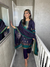 Load image into Gallery viewer, 3PC Stitched NAVY PURPLE shalwar Suit Ready to wear DHANAK winter Wear with Dhanak dupatta JF-DH04
