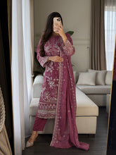 Load image into Gallery viewer, 3pc Deep Mauve Embroidered Shalwar Kameez with CHIFFON dupatta Stitched Suit Ready to wear HW-U2355
