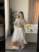 Load image into Gallery viewer, 3pc WHITE Embroidered Shalwar Kameez with Plazoo and Net dupatta Stitched Suit Ready to wear HW-U2420B
