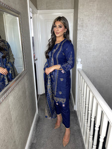 3PC Stitched Midnight Blue shalwar Suit Ready to wear DHANAK winter Wear with Dhanak dupatta JF-DH02