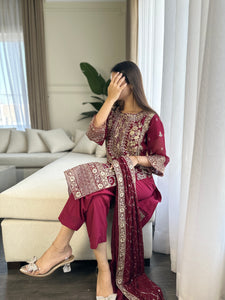 3pc MAROON Embroidered Shalwar Kameez wit CHIFFON  dupatta Stitched Suit Ready to wear HW-U2292