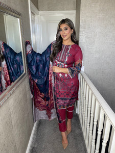 3PC Stitched Burgundy shalwar Suit Ready to wear DHANAK winter Wear with Dhanak dupatta JF-DH09