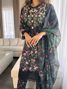 3 pcs Stitched Black lawn suit Ready to Wear with chiffon dupatta LNE-24016