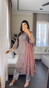 3pc GREY MAUVE Embroidered Shalwar Kameez with CHIFFON dupatta Stitched Suit Ready to wear HW-U2284