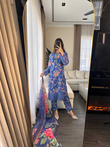 3 pcs Stitched Blue lawn suit Ready to Wear with chiffon dupatta LNE-24018