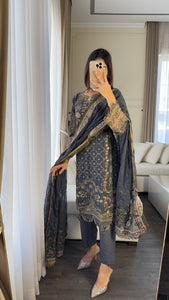 3PC DARK GREY Embroidered Shalwar Kameez with CHIFFON dupatta Stitched Suit Ready to wear HW-U2383
