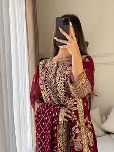3pc MAROON Embroidered Shalwar Kameez wit CHIFFON  dupatta Stitched Suit Ready to wear HW-U2292