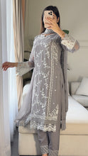 Load image into Gallery viewer, 3pc GREY Embroidered Shalwar Kameez with CHIFFON dupatta Stitched Suit Ready to wear HW-U2423
