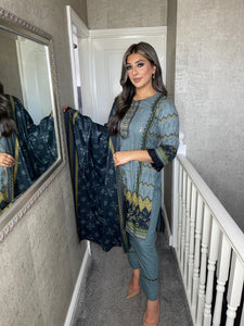 3PC Stitched GREY shalwar Suit Ready to wear DHANAK winter Wear with Dhanak dupatta JF-DH10