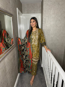 3PC Stitched OLIVE shalwar Suit Ready to wear DHANAK winter Wear with Dhanak dupatta MBD-001