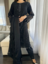 Load image into Gallery viewer, 3pc BLACK Embroidered Shalwar Kameez with NET dupatta Stitched Suit Ready to wear HW-JFBLACK
