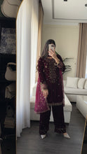 Load image into Gallery viewer, 3pc Burgundy VELVET Embroidered Shalwar Kameez with NET/Velvet dupatta Stitched Suit Ready to wear HW-UBURGUNDY
