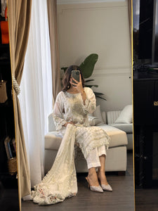 3pc WHITE Embroidered Shalwar Kameez wit Chiffon dupatta Stitched Suit Ready to wear HW-U2262