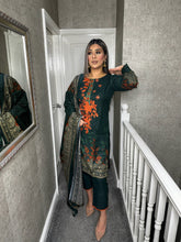 Load image into Gallery viewer, 3PC Stitched DARK GREEN shalwar Suit Ready to wear DHANAK winter Wear with Dhanak dupatta DNE-0314
