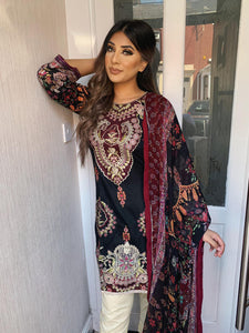 3 pcs Stitched BLACK LAWN shalwar Suit Ready to wear lawn summer Wear with CHIFFON dupatta LAWN-R1