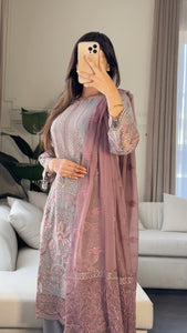 3pc GREY MAUVE Embroidered Shalwar Kameez with CHIFFON dupatta Stitched Suit Ready to wear HW-U2284