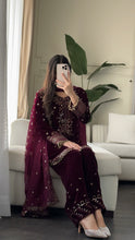 Load image into Gallery viewer, 3pc Burgundy VELVET Embroidered Shalwar Kameez with NET/Velvet dupatta Stitched Suit Ready to wear HW-UBURGUNDY
