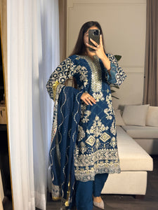 3pc BLUE Embroidered Shalwar Kameez wit Chiffon dupatta Stitched Suit Ready to wear HW-U2253
