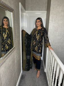 3 pcs Stitched BLACK lawn suit Ready to Wear with chiffon dupatta LNE-24008