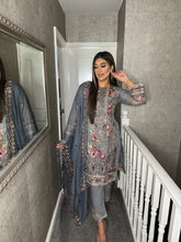 Load image into Gallery viewer, 3pc GREY Embroidered suit with Chiffon dupatta Stitched Suit Ready to wear HW-24005
