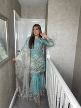 Load image into Gallery viewer, 3pc SEA BLUE Embroidered Ghrara Shalwar Kameez with Net dupatta Stitched Suit Ready to wear HW-UQ1464
