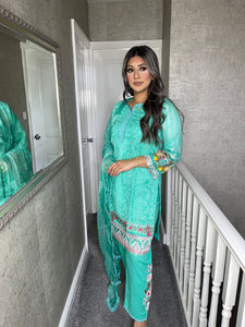 3 pcs Stitched GREEN lawn CHICKEN KARI suit Ready to Wear with chiffon dupatta HW-SNCH06