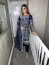 Load image into Gallery viewer, 3pc NAVY Embroidered Shalwar Kameez with Net Embroidered dupatta Stitched Suit Ready to wear AT-NAVY
