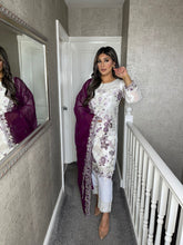 Load image into Gallery viewer, 3pc WHITE Embroidered Shalwar Kameez with PURPLE dupatta Stitched Suit Ready to wear HW-UQ2108
