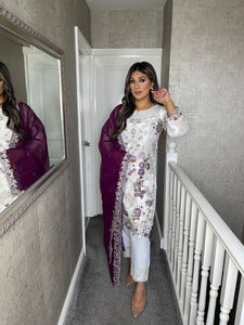 3pc WHITE Embroidered Shalwar Kameez with PURPLE dupatta Stitched Suit Ready to wear HW-UQ2108