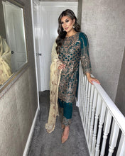 Load image into Gallery viewer, 3pc Teal Embroidered Shalwar Kameez with Chiffon dupatta Stitched Suit Ready to wear HW-DT95
