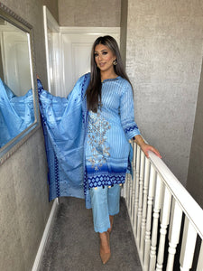 3 pcs Stitched BLUE LAWN shalwar Suit Ready to wear lawn summer Wear with LAWN dupatta HW-SN229