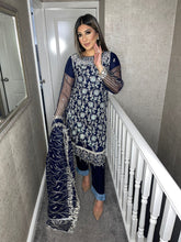Load image into Gallery viewer, 3pc NAVY Embroidered Shalwar Kameez with Net Embroidered dupatta Stitched Suit Ready to wear AT-NAVY
