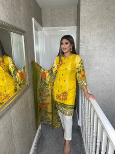 3 pcs Stitched lawn YELLOW shalwar Suit Ready to Wear witH WHIT TROUSER CHIFFON dupatta NE-YELLOWWHITE