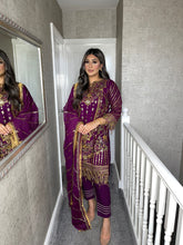 Load image into Gallery viewer, 3pc PURPLE Embroidered suit with Chiffon dupatta Stitched Suit Ready to wear HW-KSS067
