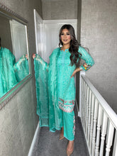 Load image into Gallery viewer, 3 pcs Stitched GREEN lawn CHICKEN KARI suit Ready to Wear with chiffon dupatta HW-SNCH06
