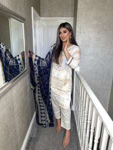 3 pcs Stitched White shalwar Suit Ready to wear lawn summer Wear with chiffon dupatta MBL-198