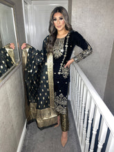 Load image into Gallery viewer, 3pc BLACK Velvet Embroidered Shalwar Kameez Stitched Suit Ready to wear HW-5402A
