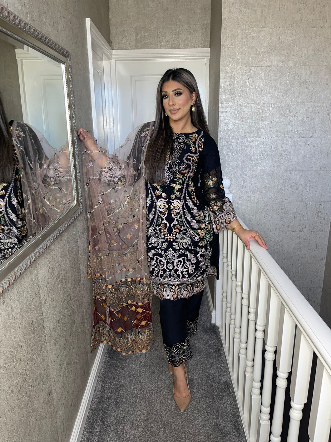 3pc BLACK Embroidered Shalwar Kameez with NET dupatta Stitched Suit Ready to wear HW-UQ1957